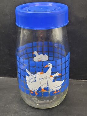 Vintage 1980s Carlton Glass Goose Jar with Blue Lid Country Farmhouse 1.5L USA